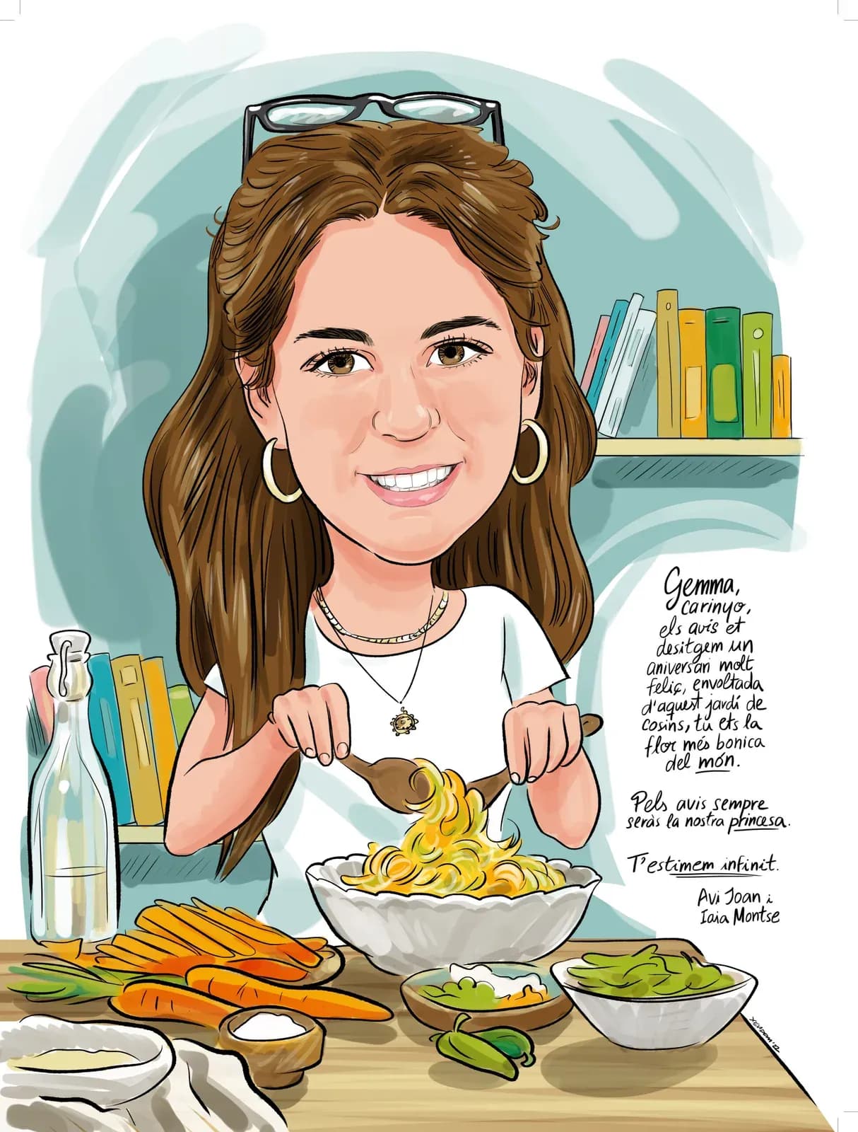 Caricatura d’una noia als 18 anys amb els seus plats preferits