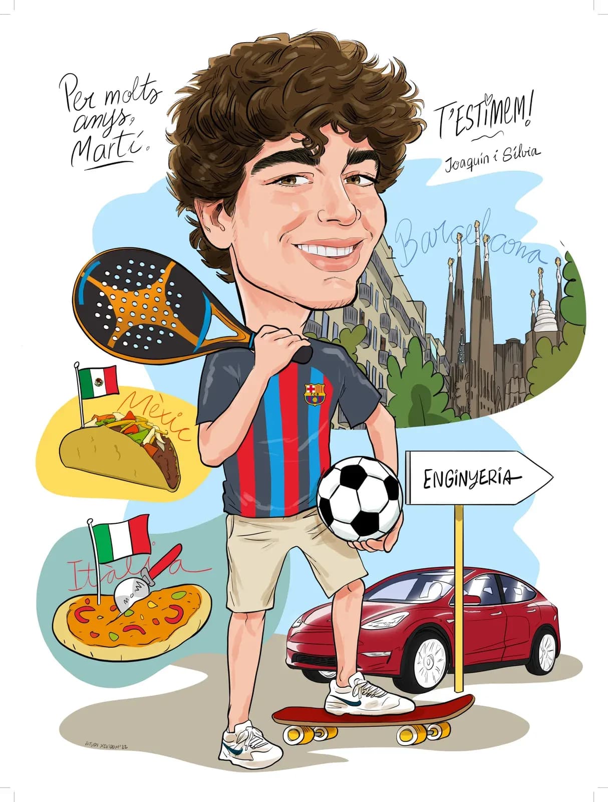 Caricatura d’un noi als 18 anys amb els viatges que ha fet