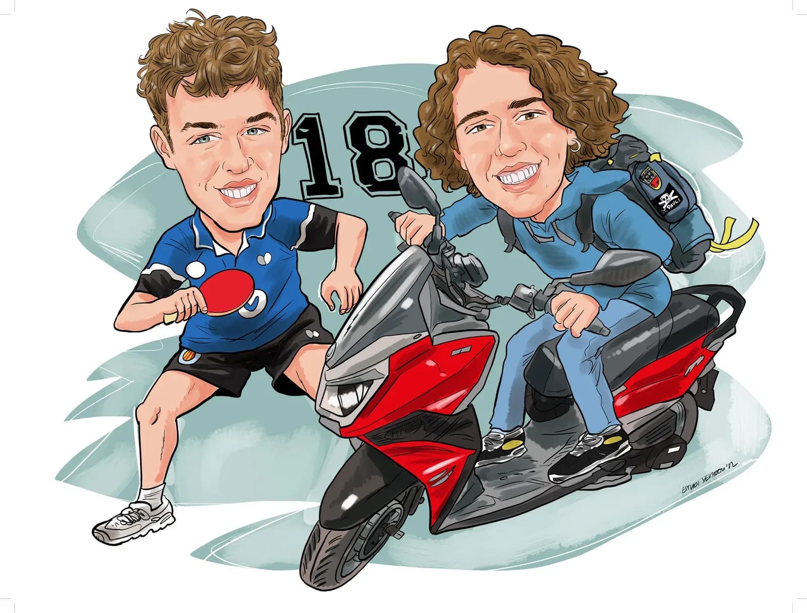 Caricatura de dos amics als 18 anys, damunt la moto