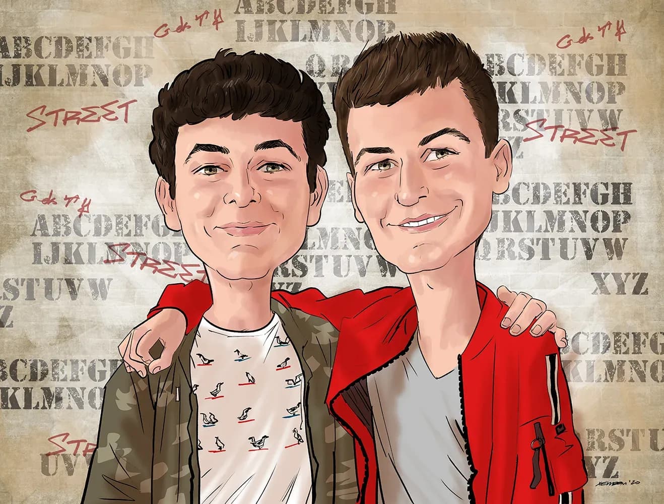 Caricatura de dos germans amb les seves aficions al fons