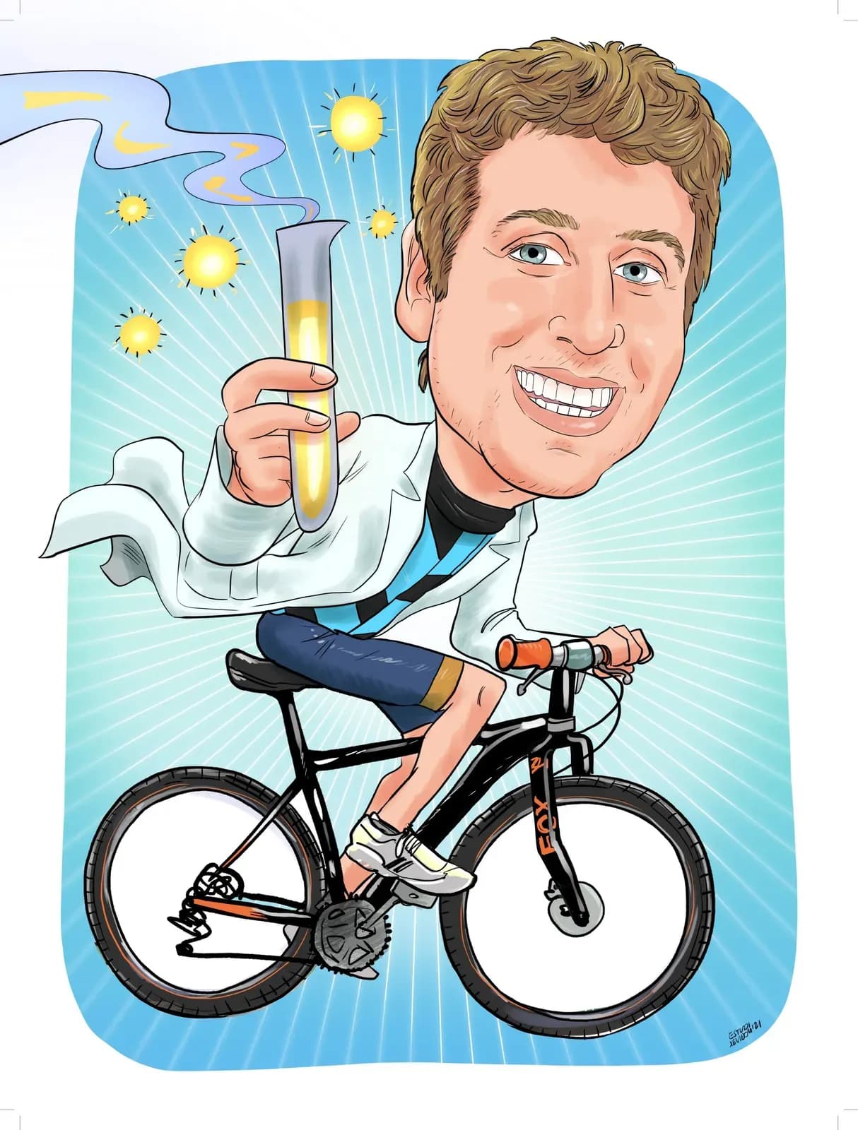 Caricatura d’un ciclista brindant pel seu aniversari