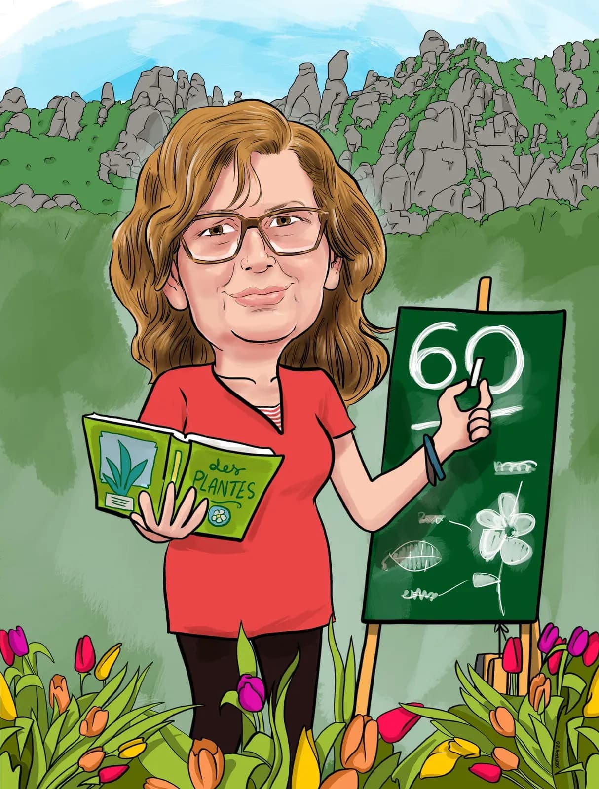 Caricatura d’una dona corrent, amb les seves aficions