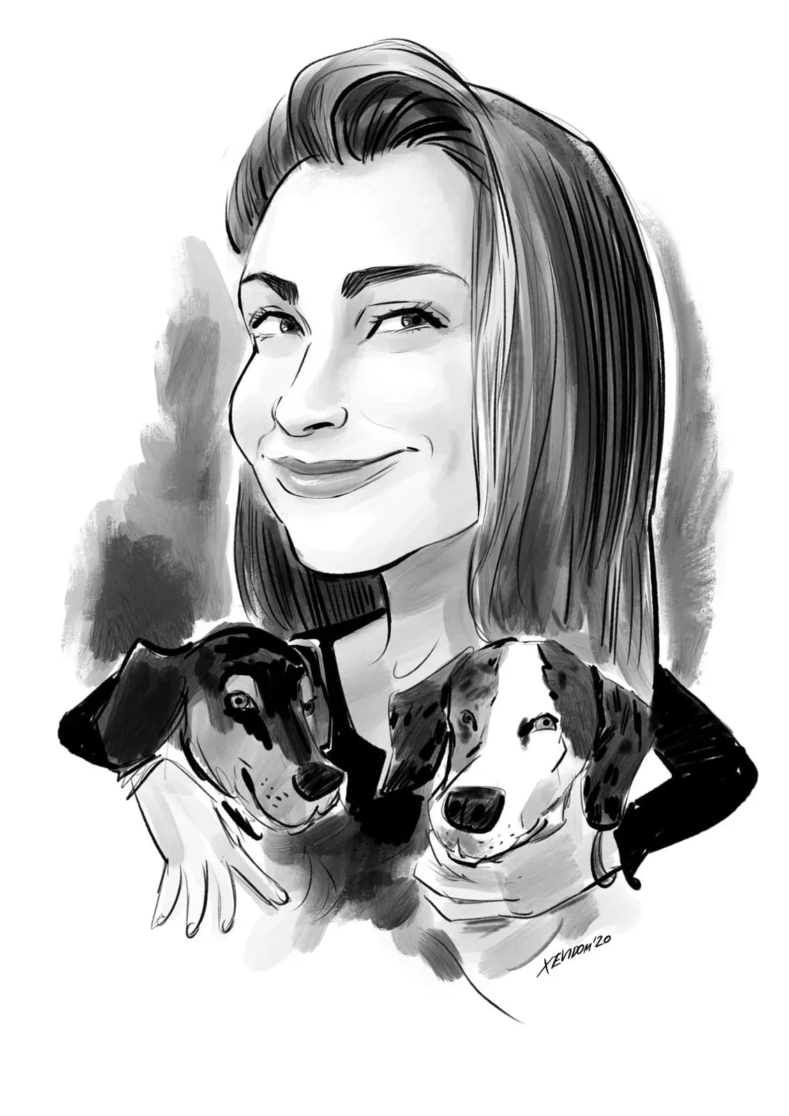 Retrat a tinta d’una noia amb els seus dos gossos
