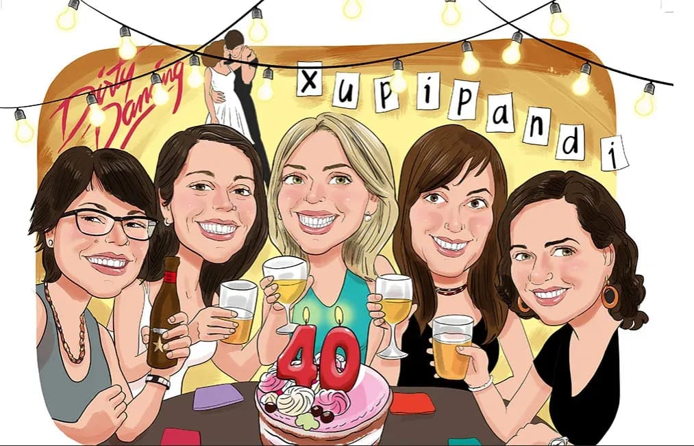 Caricatura pels 40 anys amb un fons inspirat en una pel·lícula