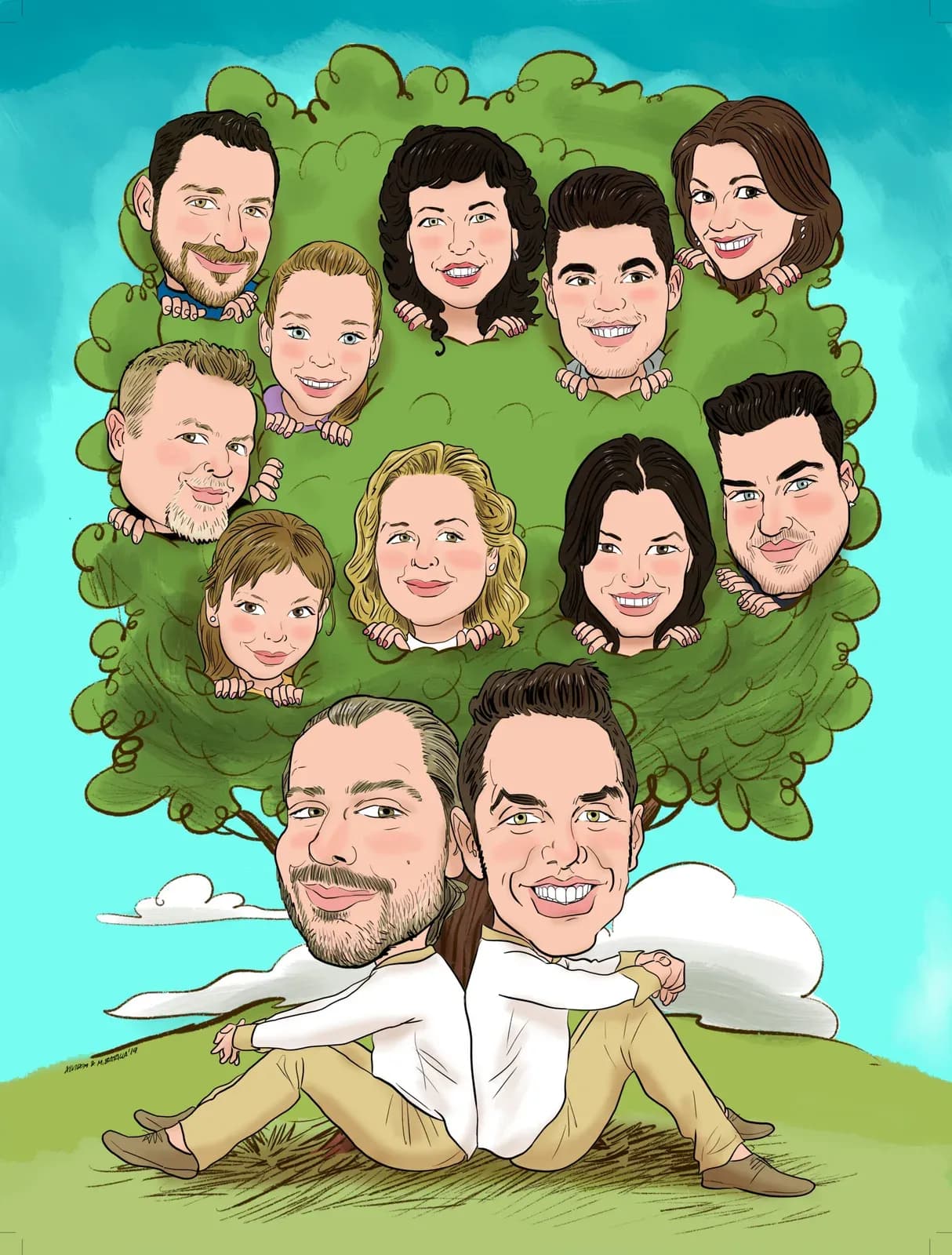 Caricatura de les dues famílies dels nuvis, dibuixades en un arbre