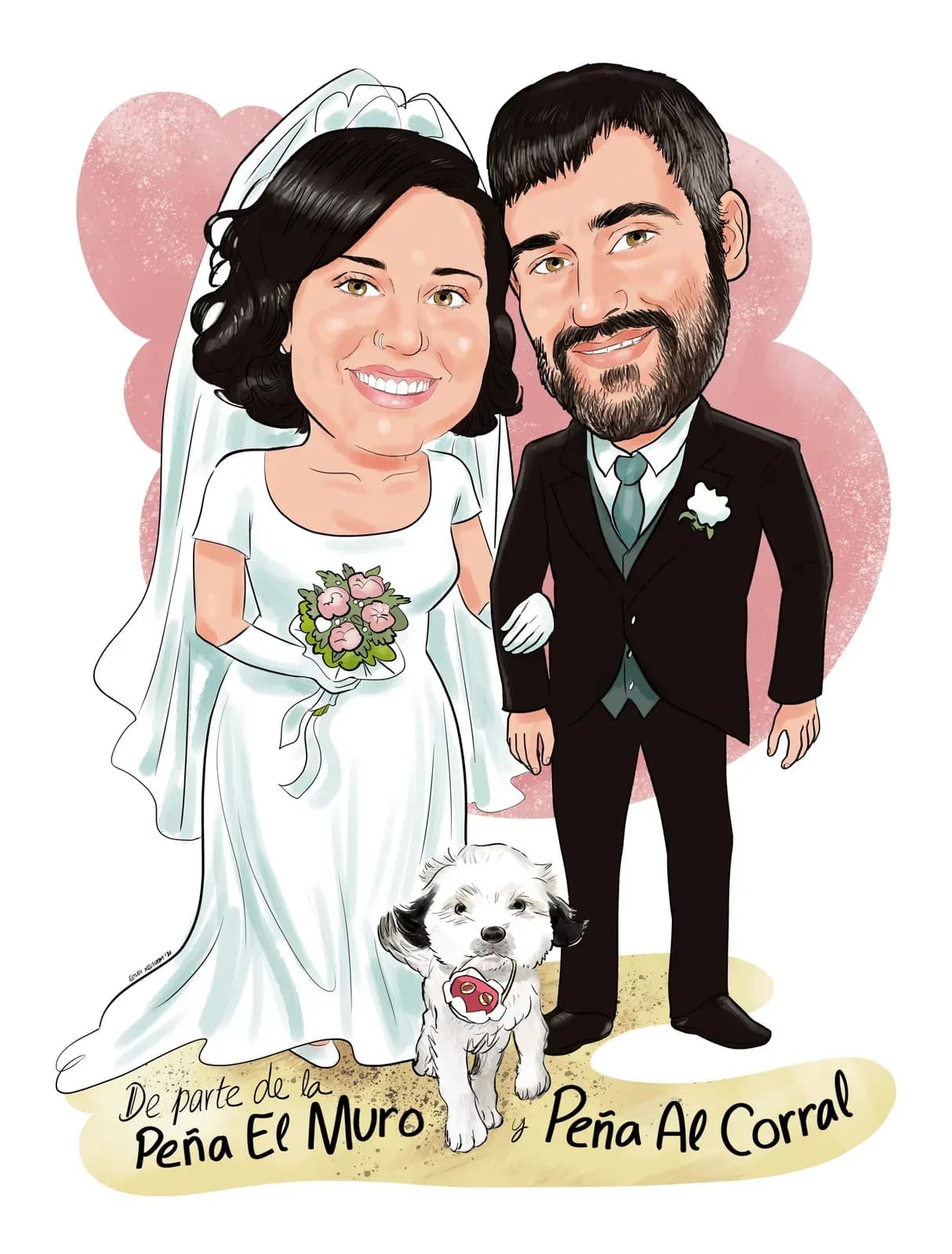Caricatura d’uns nuvis amb el seu gos