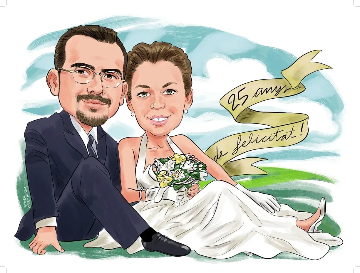 Caricatura d’una parella per un aniversari de casats
