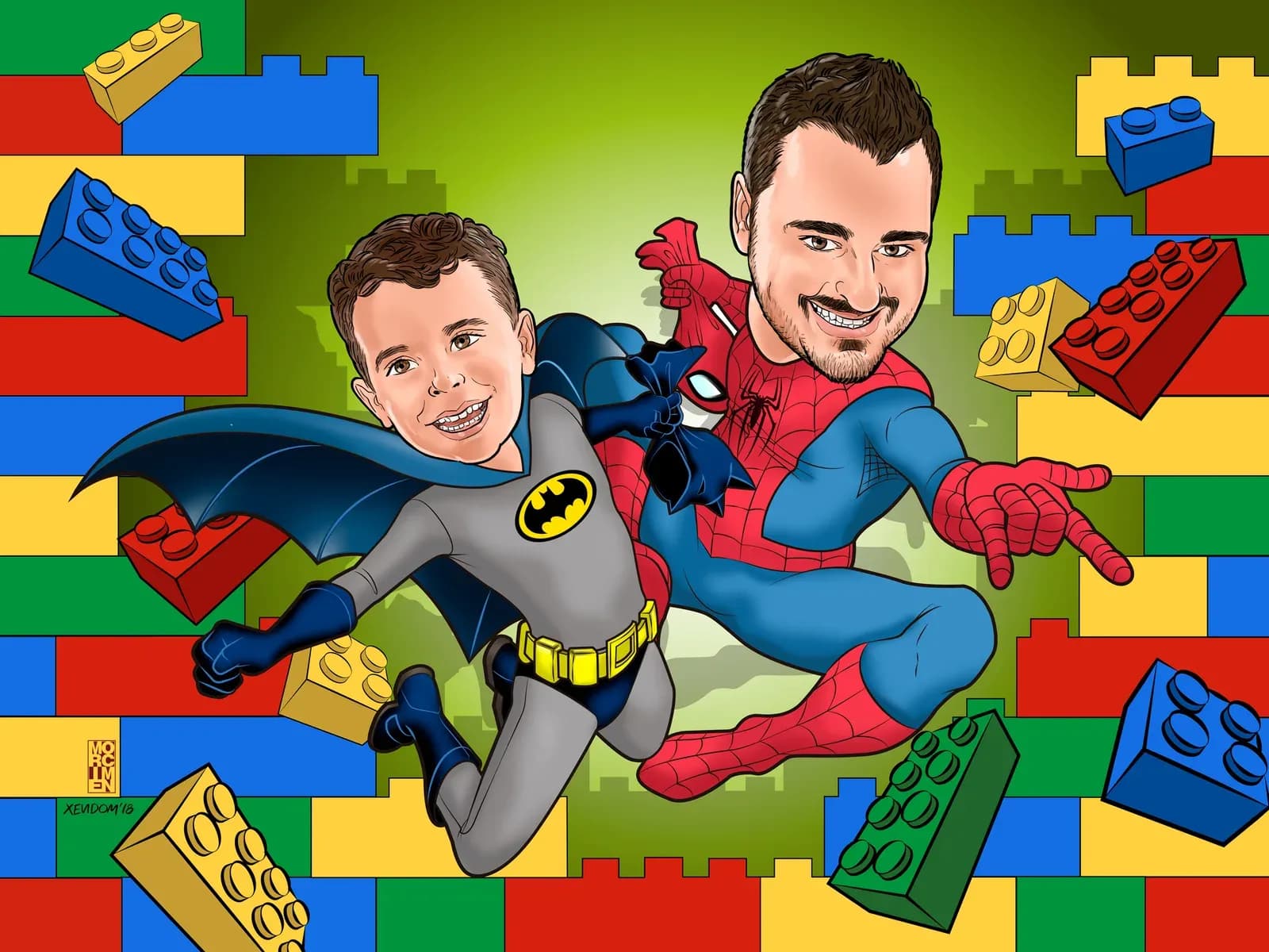 Caricatura d’un pare i el seu fill vestits de superherois