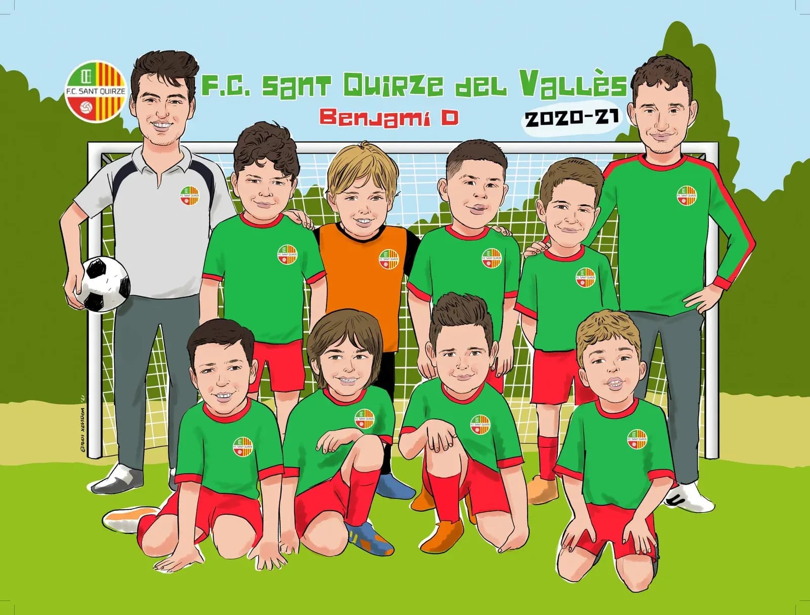 Caricatura d’un equip de futbol amb l’entrenador a la porteria