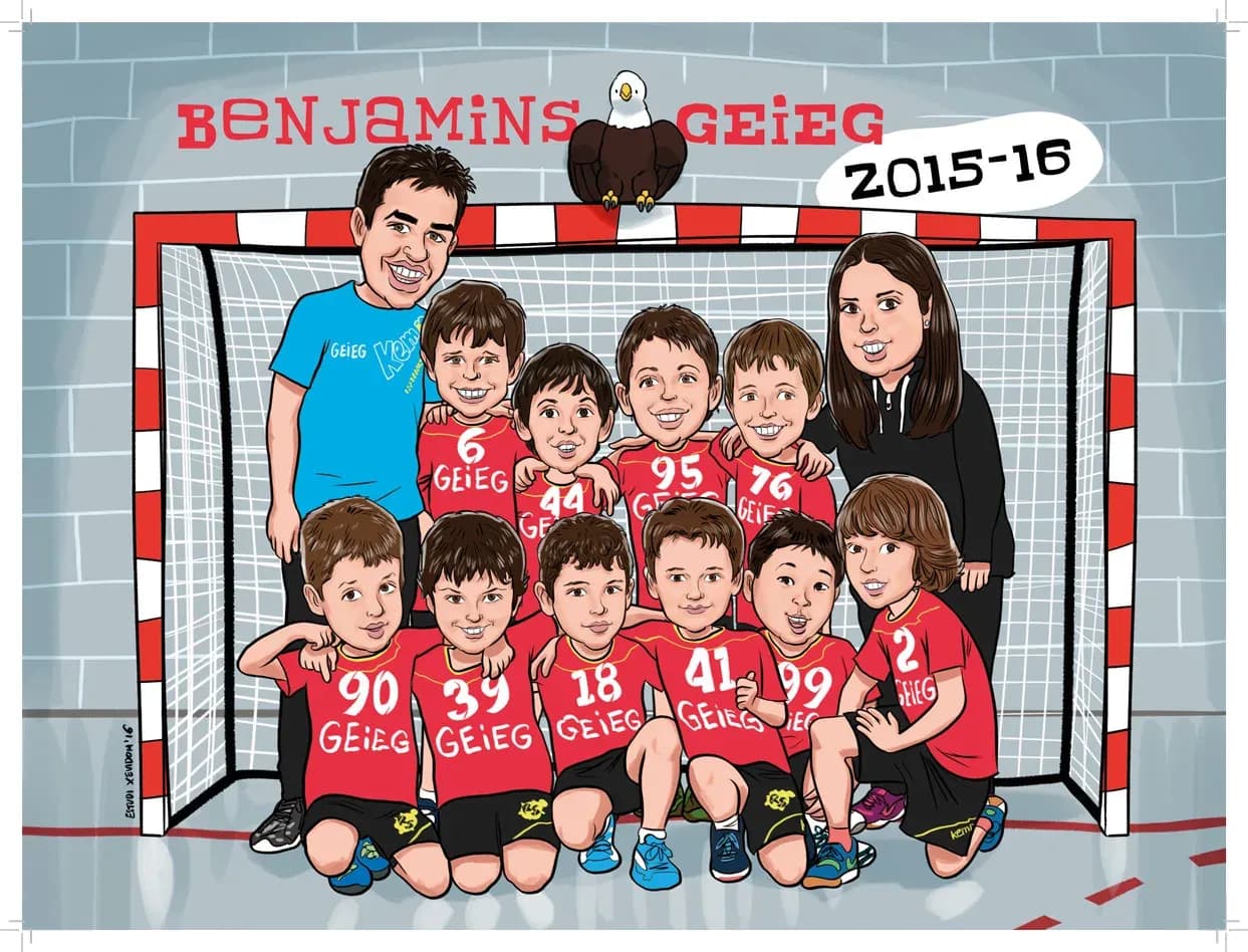 Caricatura d’un equip benjamí amb els seus entrenadors