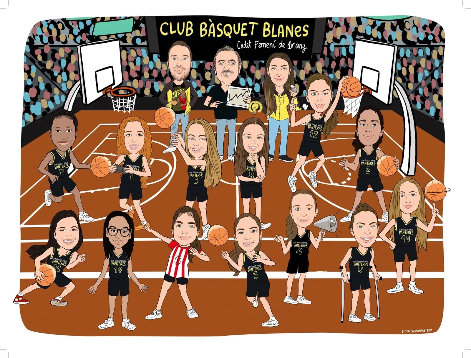 Caricatura d’un equip de bàsquet dins la pista