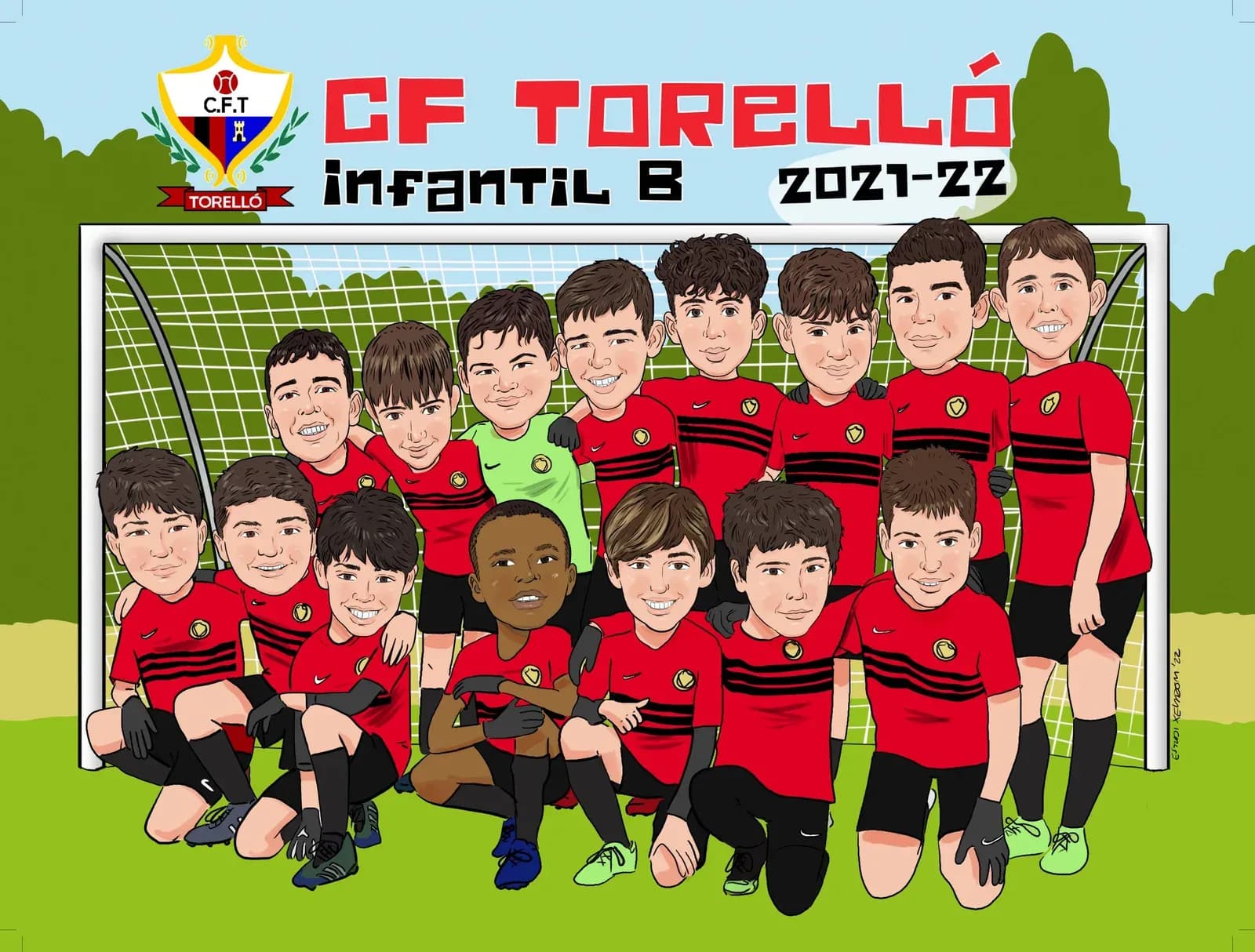 Caricatura d’un equip infantil de futbol amb l’escut del club