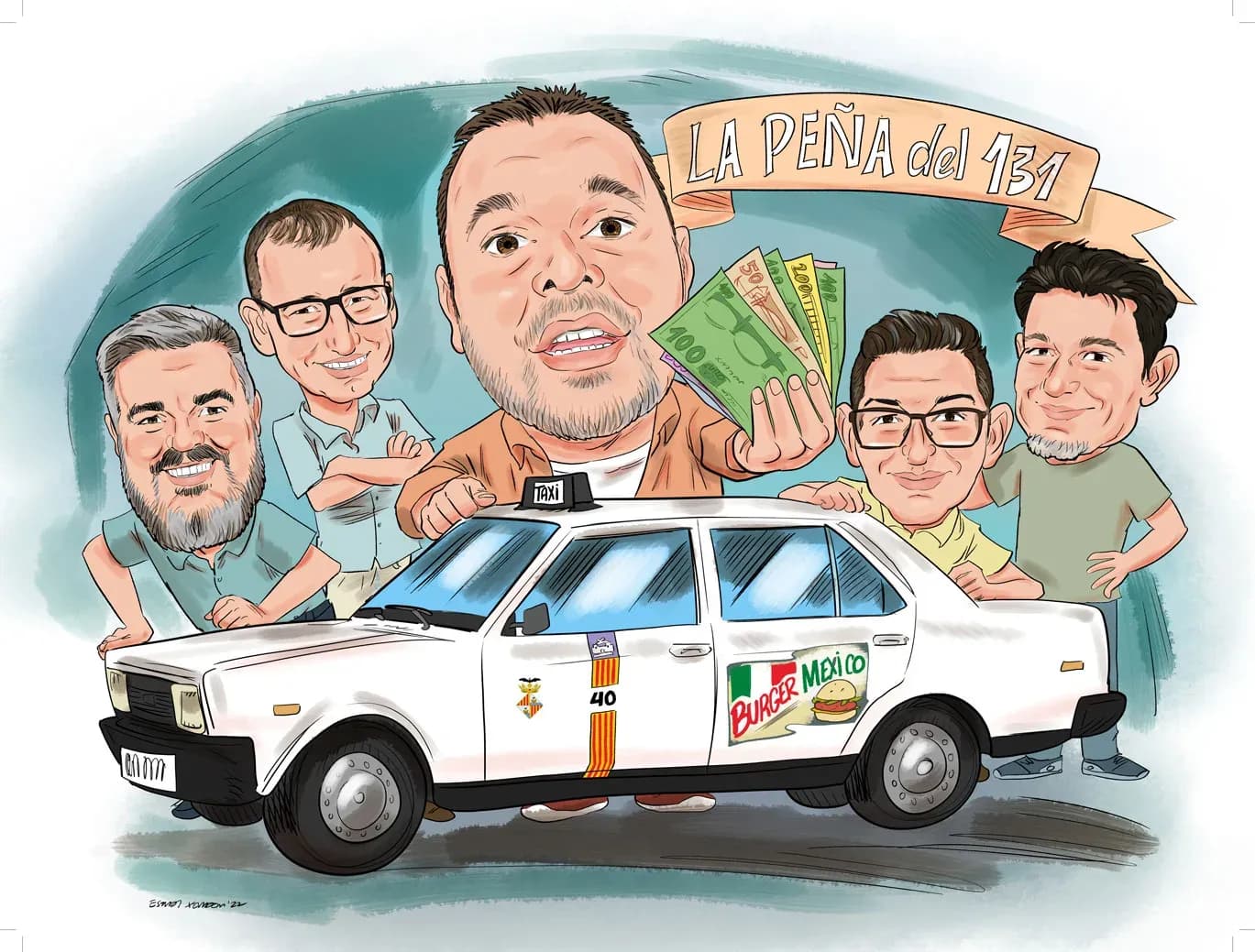 Caricatura d’un jubilat amb els companys i el vehicle de la feina