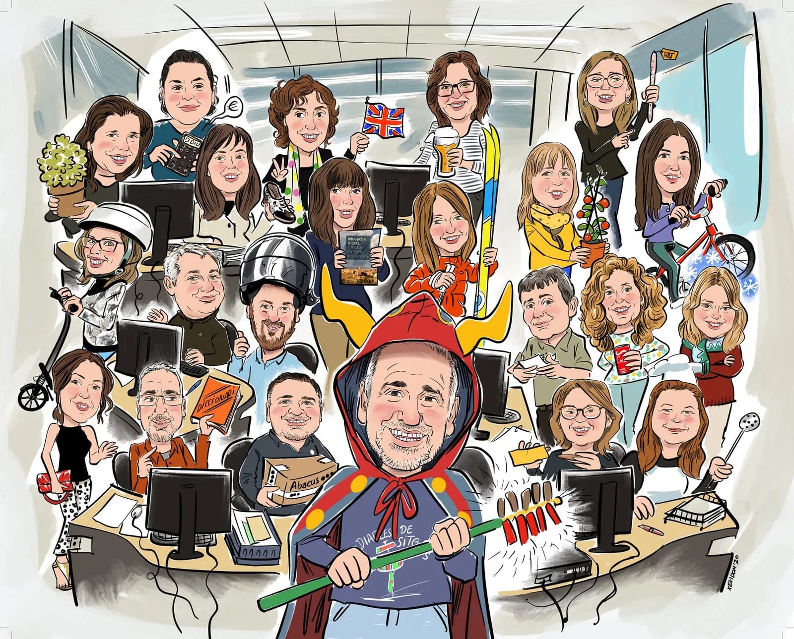 Caricatura de tot un equip de feina acomiadant una companya