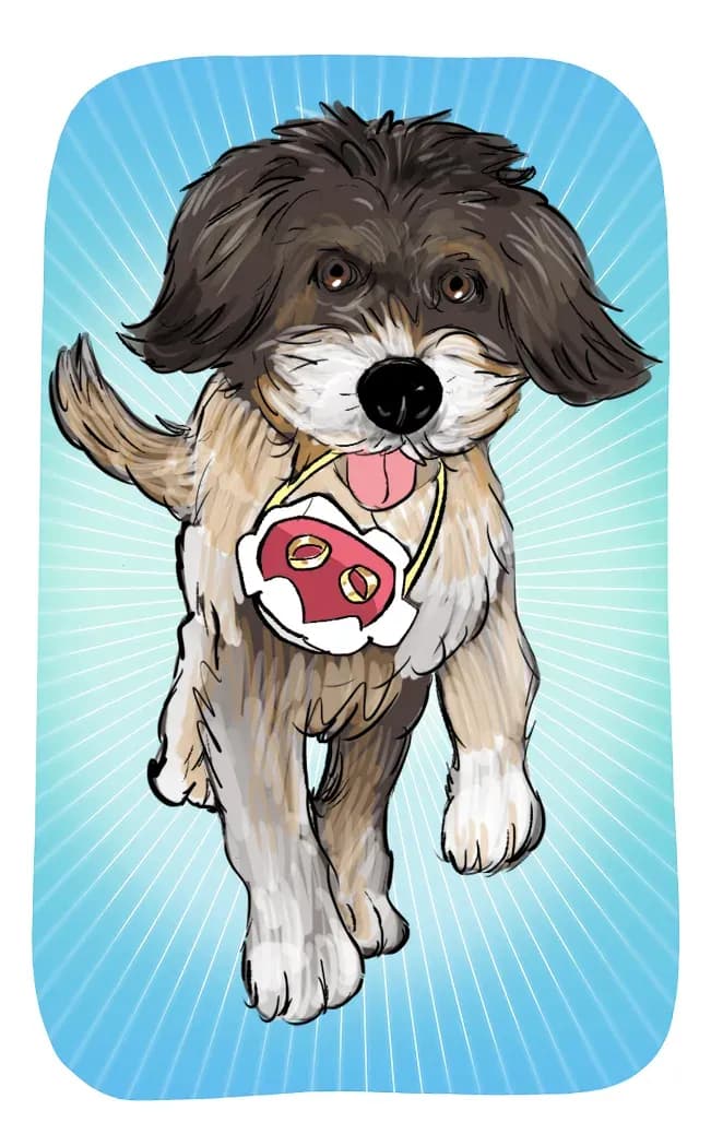 Ilustración de un perro llevando los anillos de boda al cuello