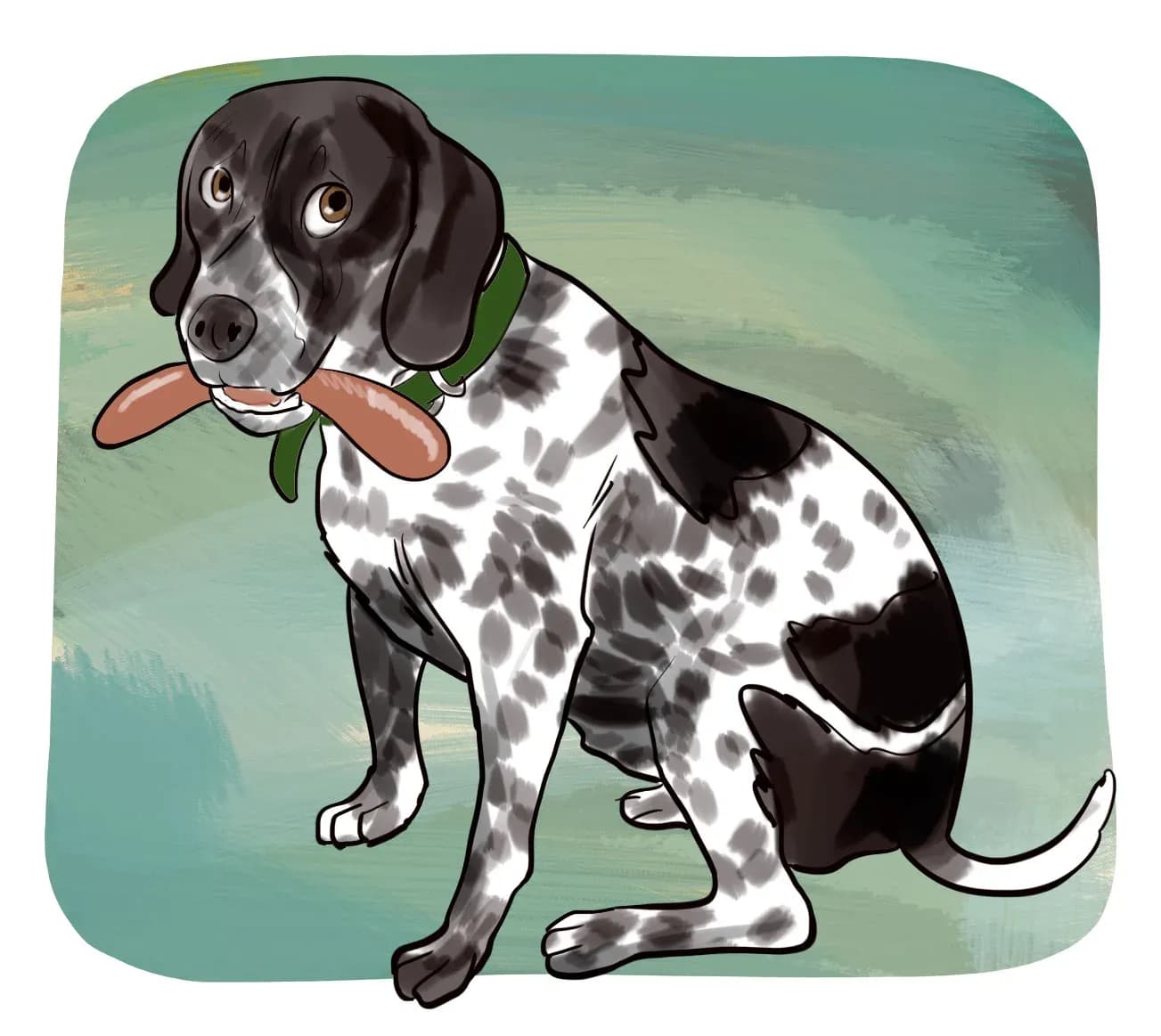 Ilustración de un perro pillado con una salchicha en la boca