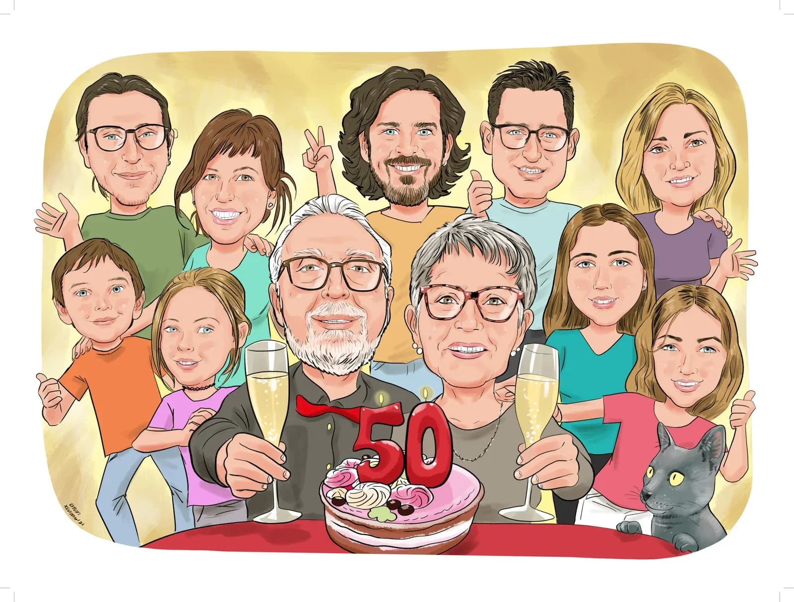 Caricatura d’una parella brindant pels seus 60 anys junts
