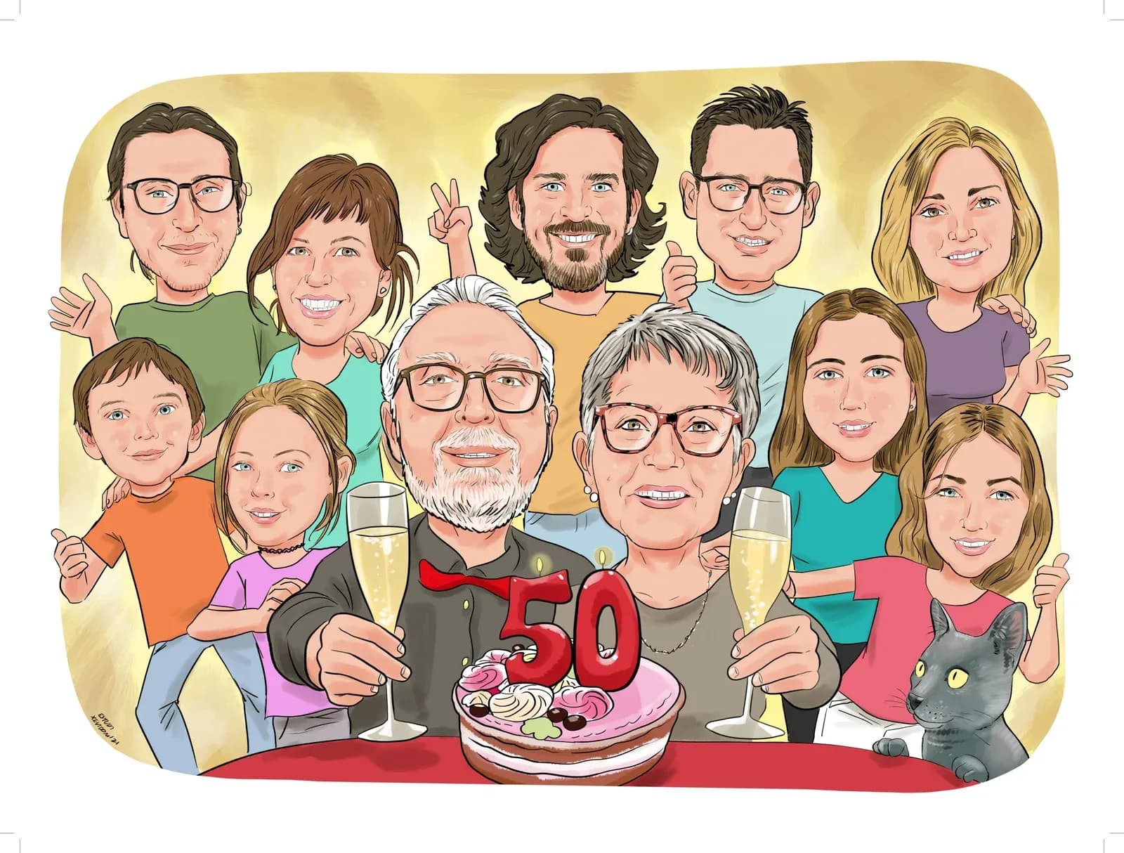Caricatura d’una parella amb tota la família pels 50 anys de casats