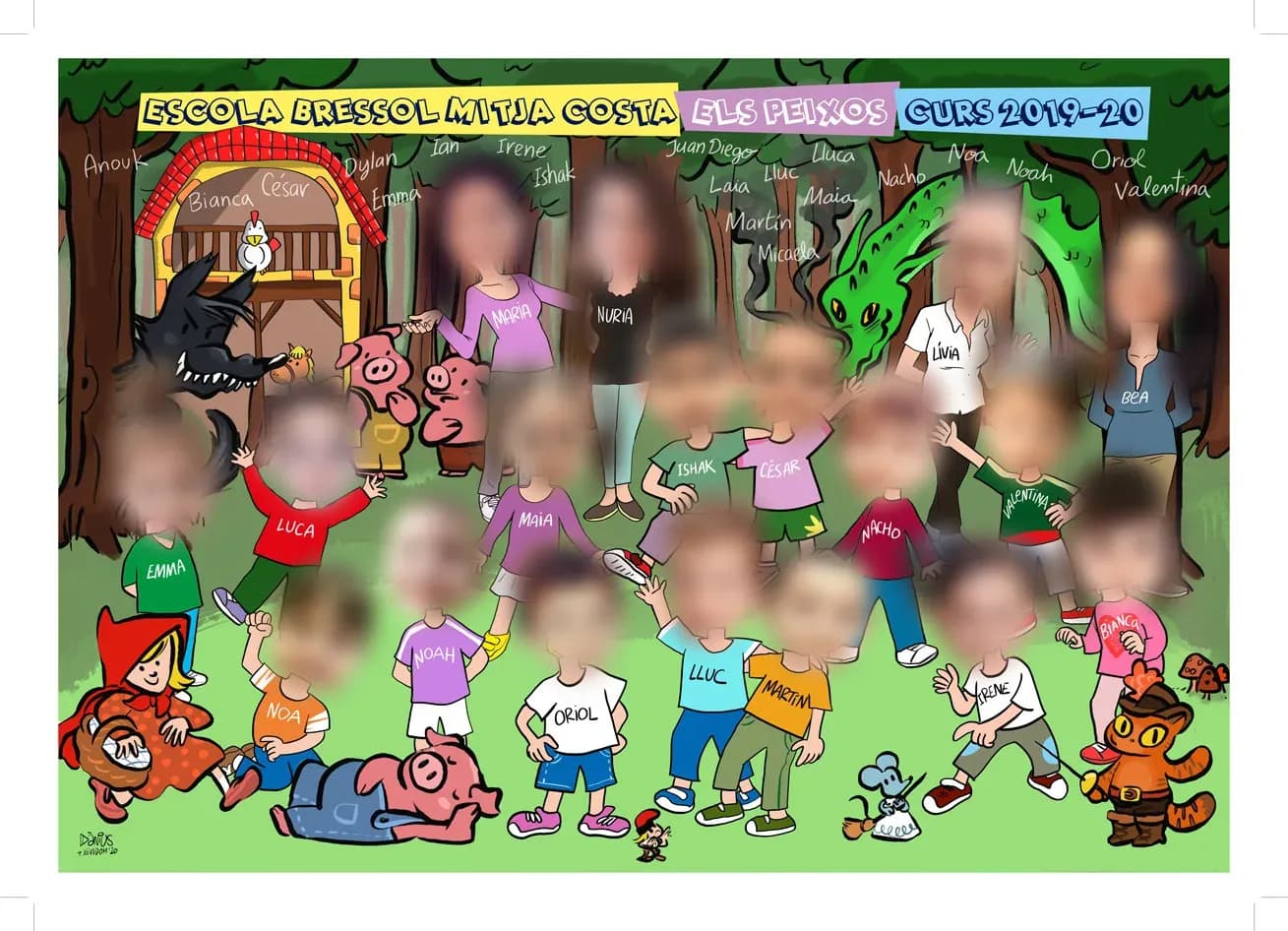 Orla il·lustrada amb temàtica de bosc de contes (cares difuminades)