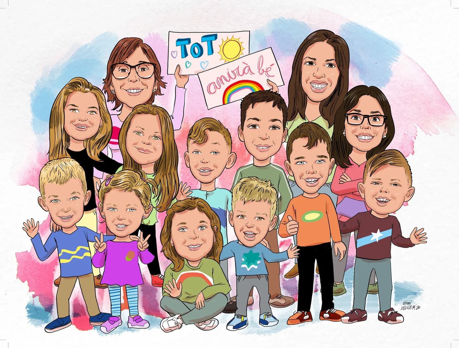 Orla il·lustrada d’un grup escolar amb el nom de l’escola