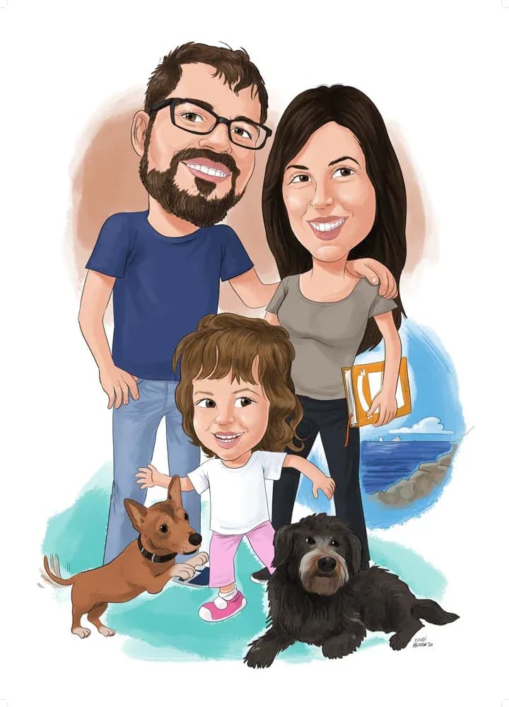 Caricatura familiar amb la parella, la filla i les mascotes de la casa