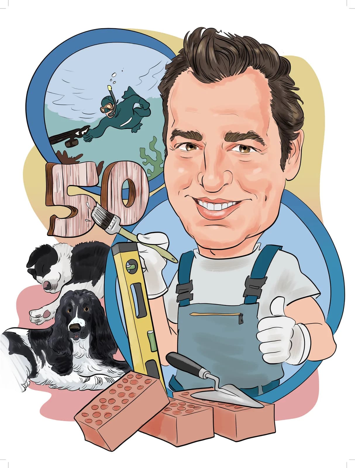 Caricatura d’un home pels seus 50 anys, amb el gos i les eines de la feina