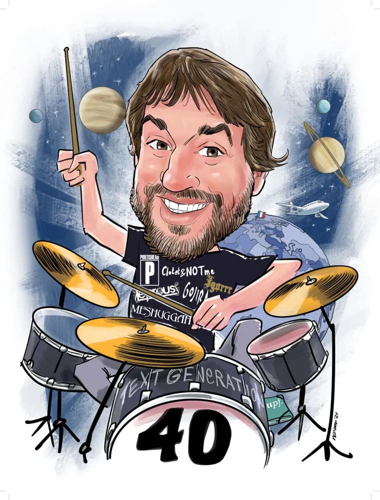 Caricatura d’un bateria amb la seva bateria, pels 40