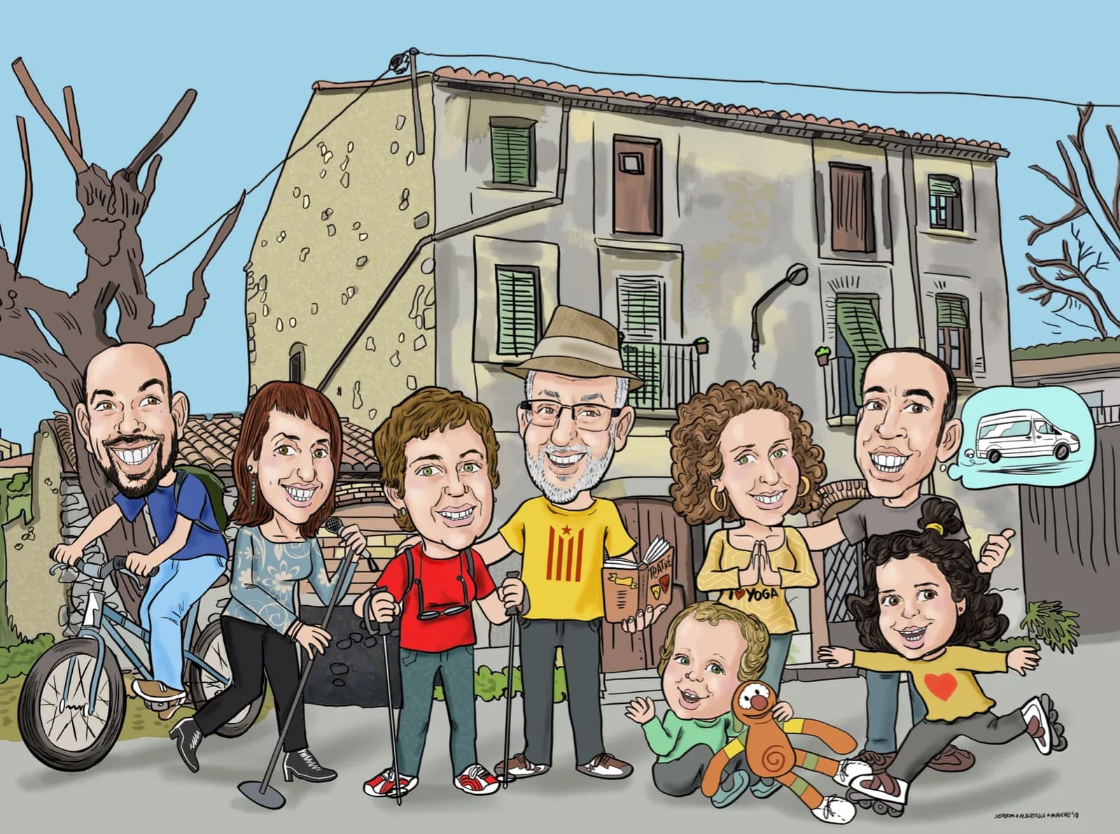 Caricatura d’una família davant de casa, amb les motos i els gossos