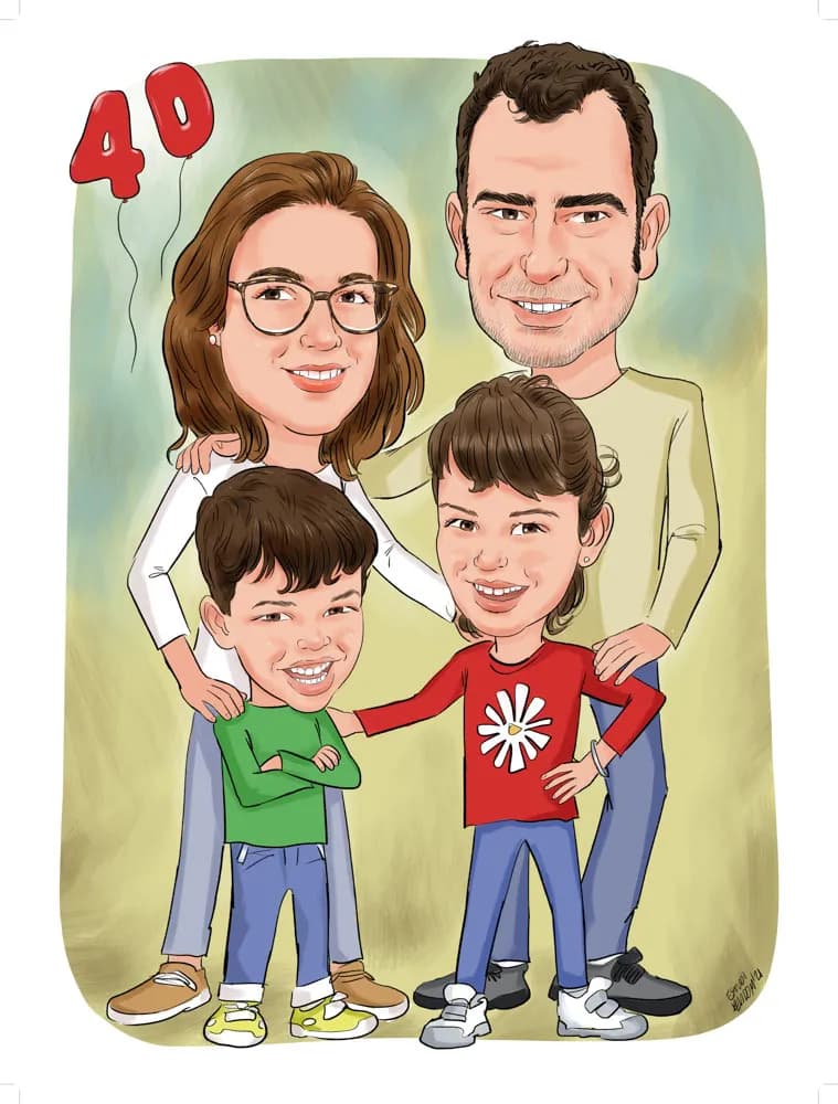 Caricatura d’una família amb els dos fills