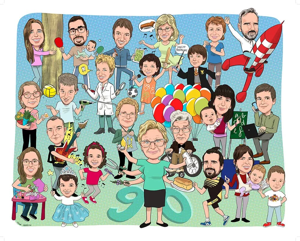 Caricatura de grup per als 90 anys de l’àvia, amb tota la família