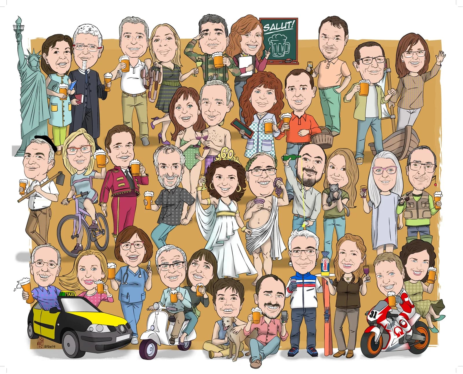 Caricatura d’un grup molt nombrós, cadascú amb el seu vehicle