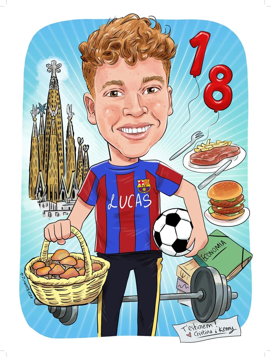 Caricatura d’un noi als seus 18 anys, amb les seves aficions