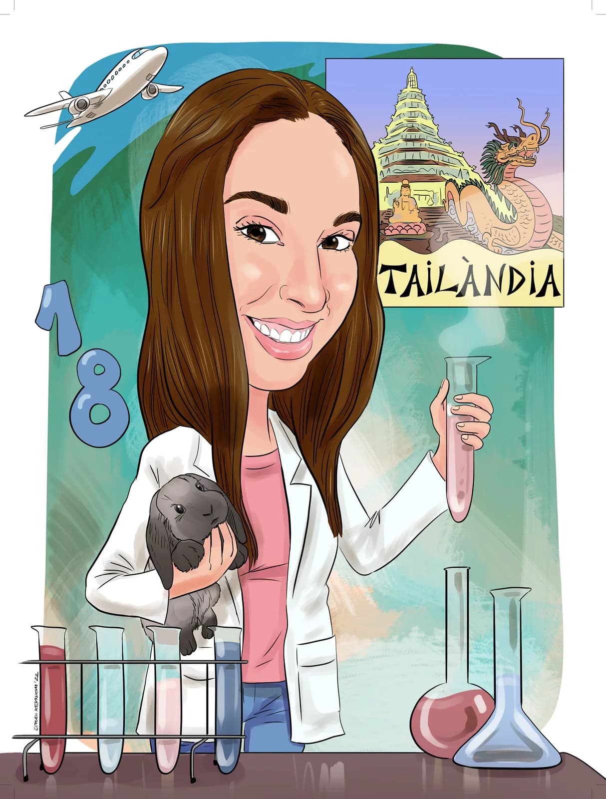 Caricatura d’una noia als 18 anys, al laboratori i amb els seus viatges