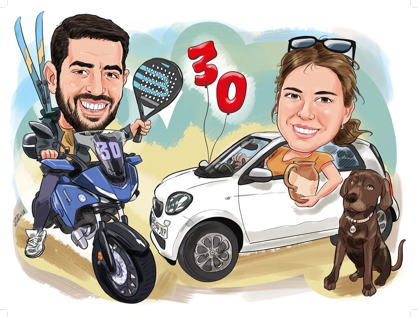 Caricatura d’una parella pels 30, amb la moto, el cotxe i el gos