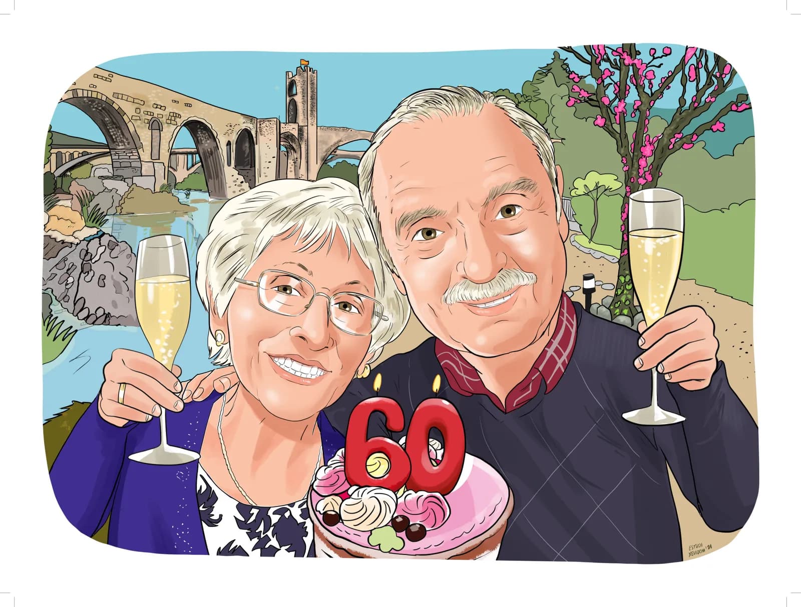 Caricatura d’una parella brindant, per un aniversari de casats
