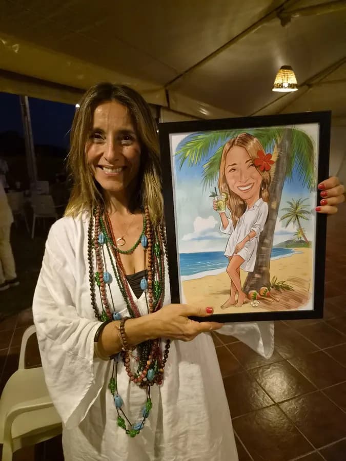 Una clienta amb la seva caricatura pintada en aquarel·la