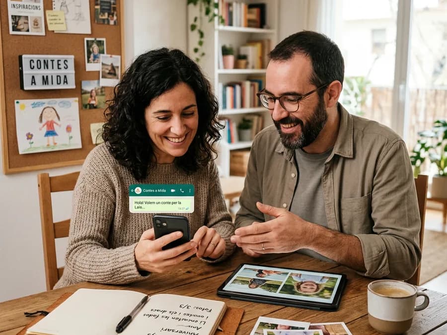Una parella asseguda a taula envia les fotos i la idea del conte per WhatsApp