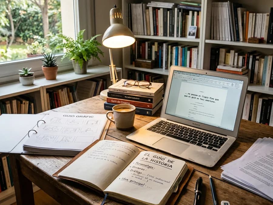 L’escriptori on s’escriu el guió: llibreta amb els personatges i el guió gràfic