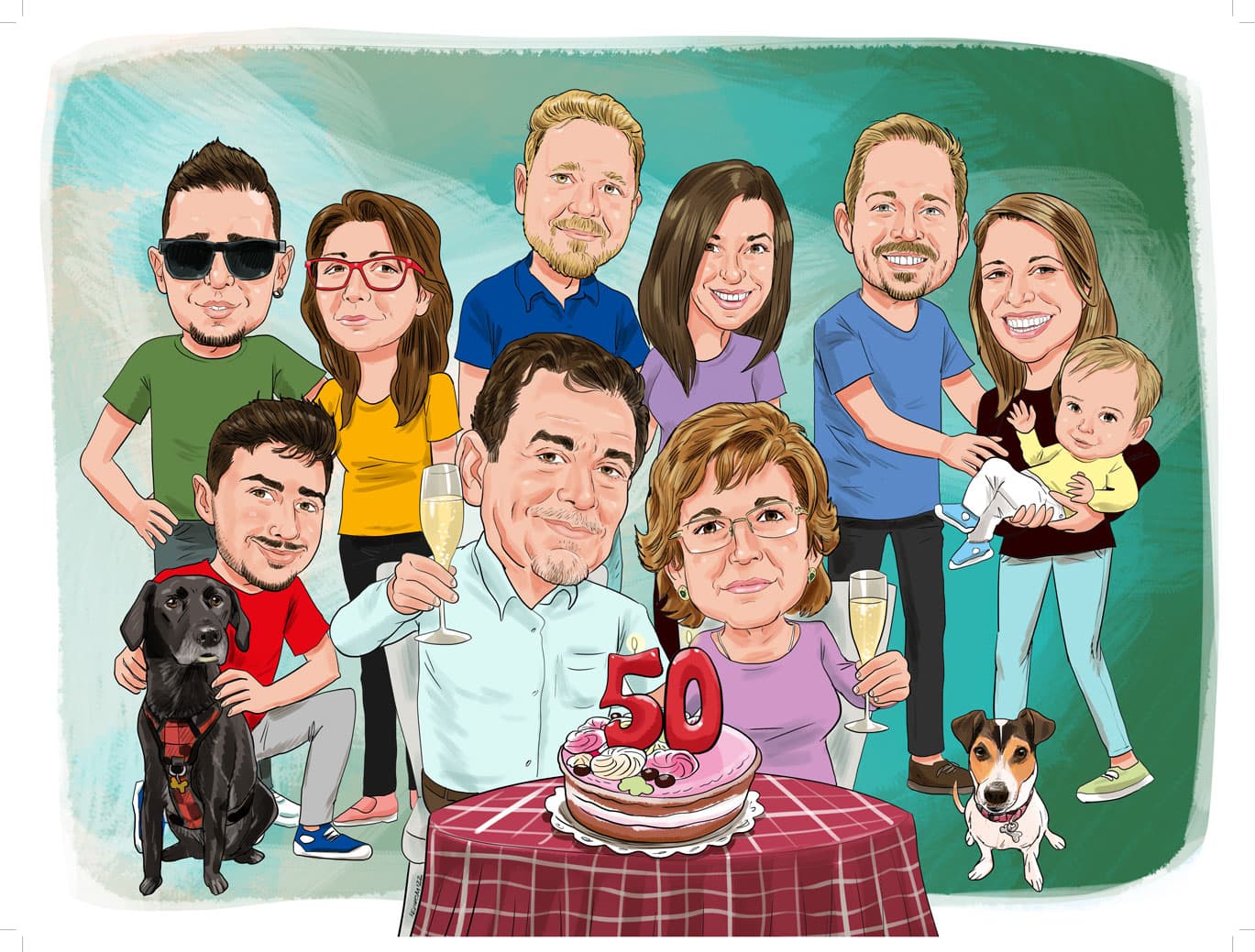 Caricatura d’una parella celebrant els 50 anys amb tota la família i els gossos