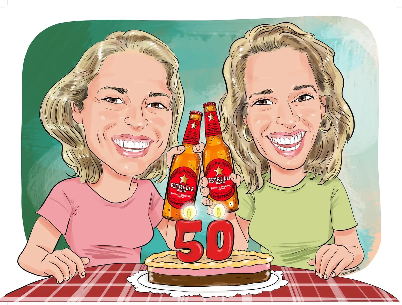 Caricatura de dues amigues celebrant els 50 amb el pastís