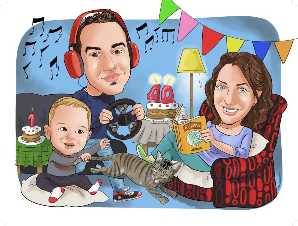Caricatura d’una família al menjador de casa, amb el pastís dels 40 anys i el del nen
