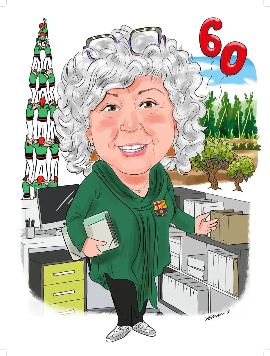 Caricatura d’una dona pels seus 60 anys, amb castellers i un hort