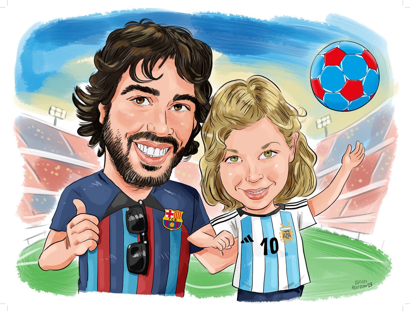 Caricatura d’un pare i la seva filla amb les samarretes dels seus equips
