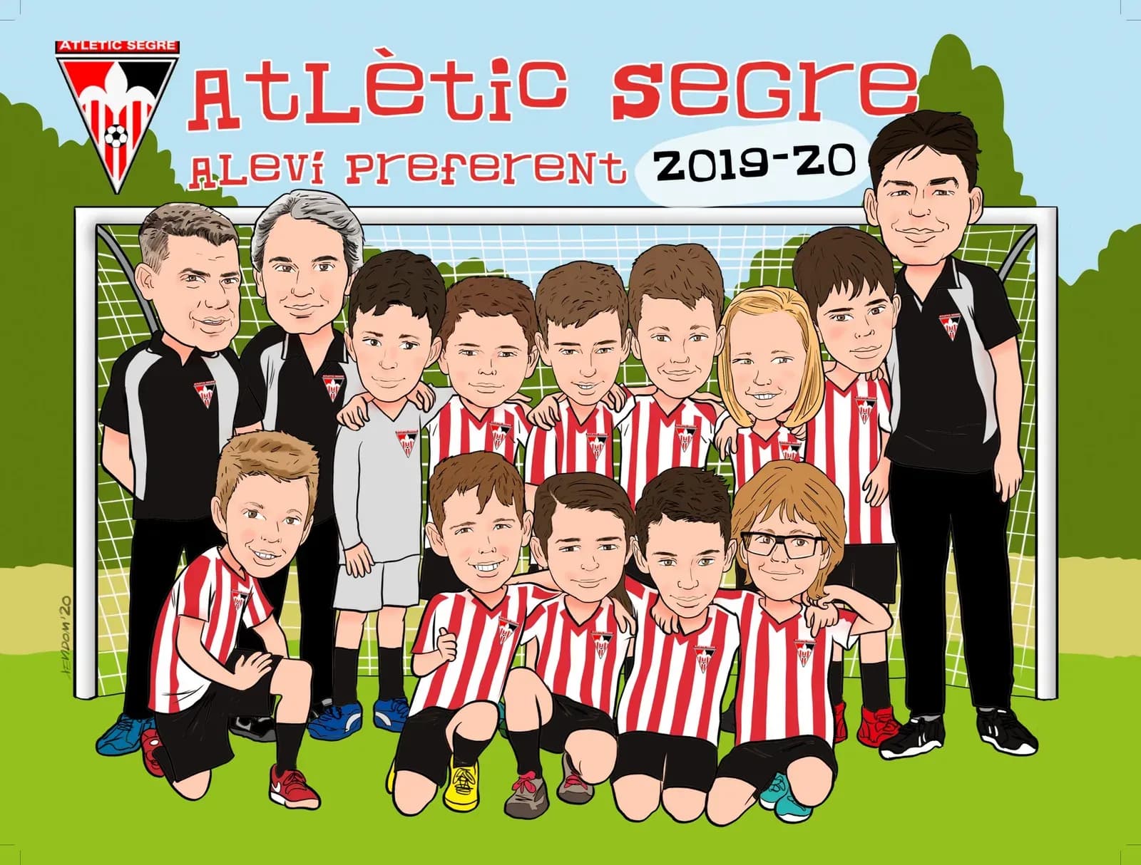 Caricatura d’un equip de futbol base amb els seus entrenadors