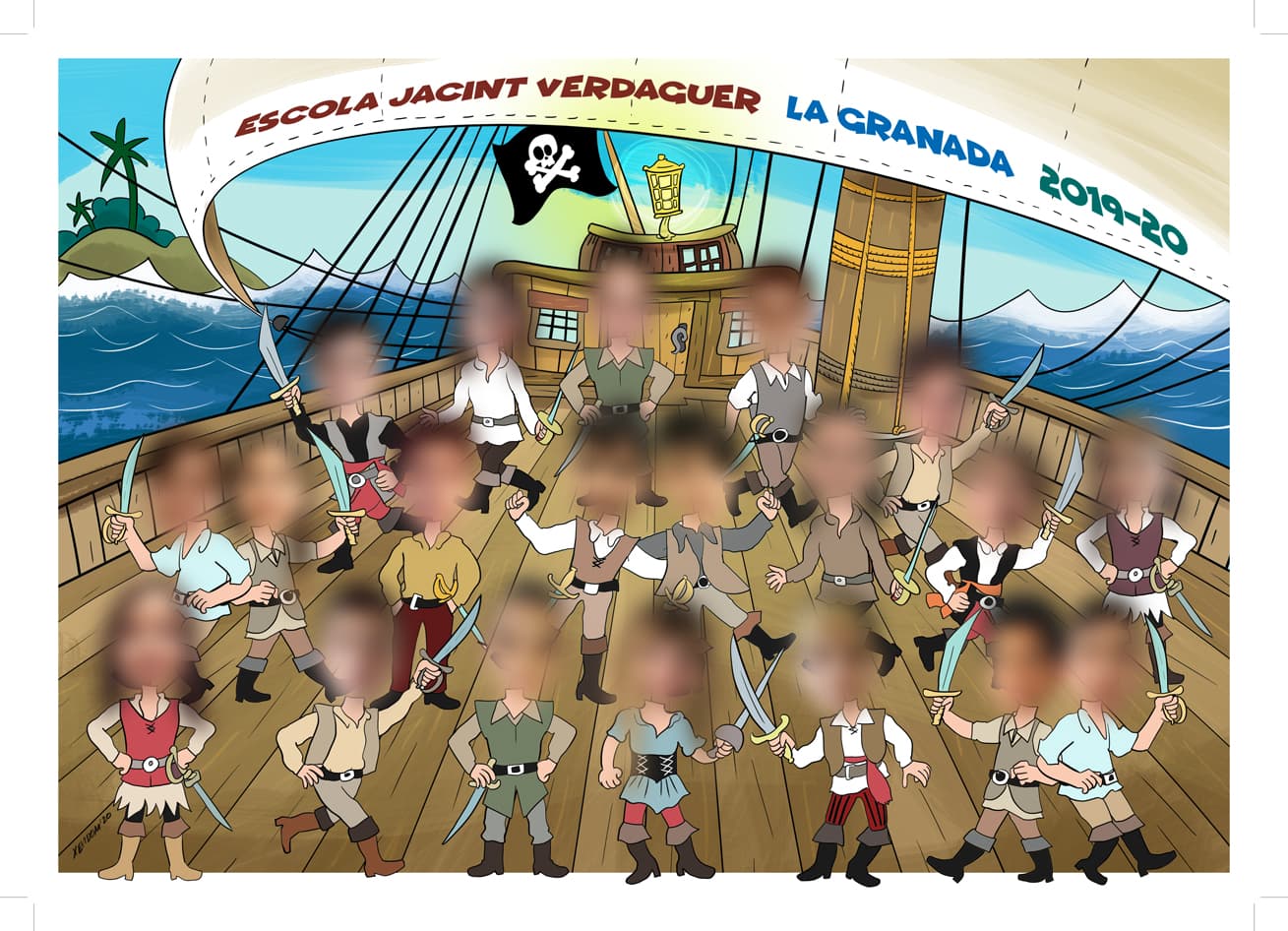 Orla il·lustrada d’una classe amb temàtica de pirates en un vaixell (cares difuminades)