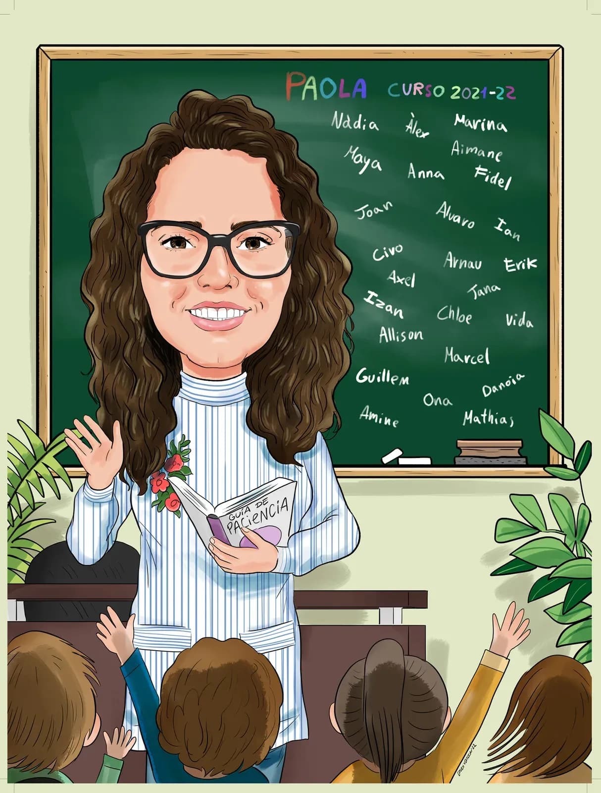 Caricatura d’una mestra a l’aula, davant la pissarra