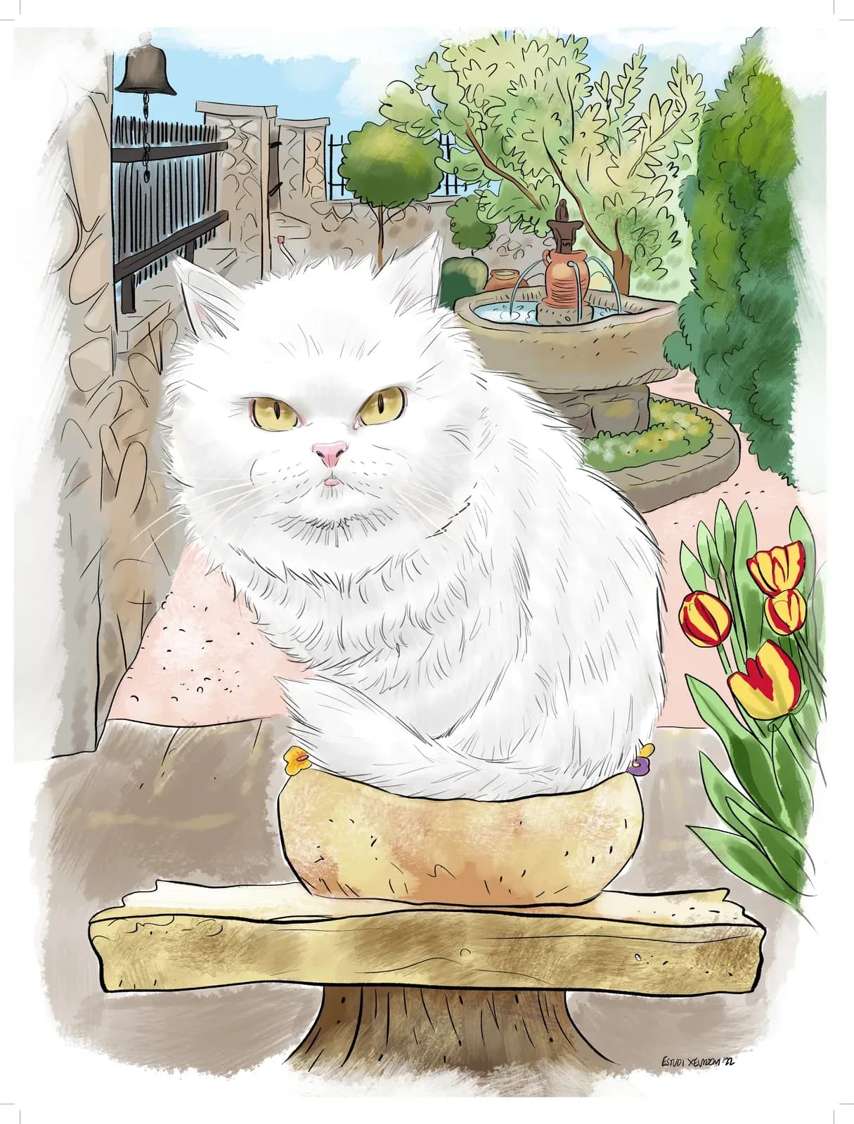 Il·lustració d’un gat blanc assegut al jardí de casa seva