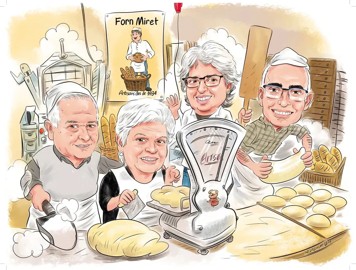 Caricatura d’una família en un forn de pa artesà, amb la matriarca al centre