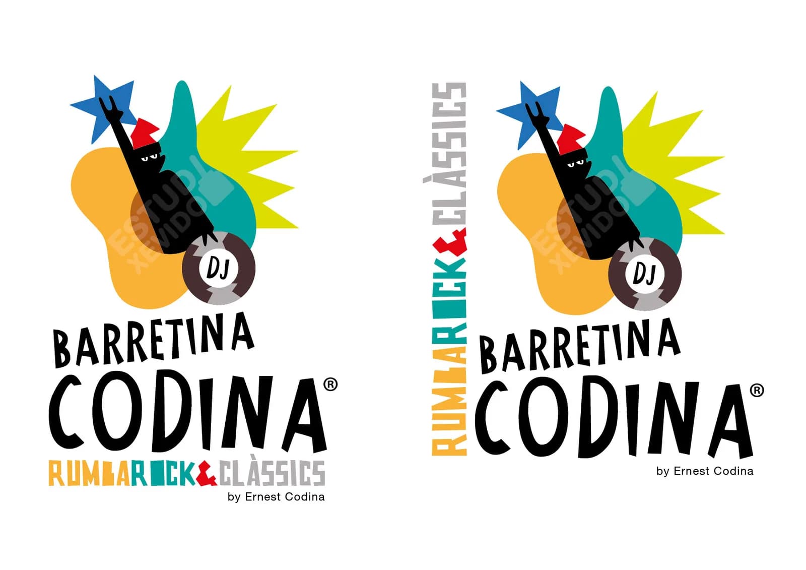 Logotip il·lustrat per a Barretina Codina, amb una guitarra, un contrabaix i una barretina