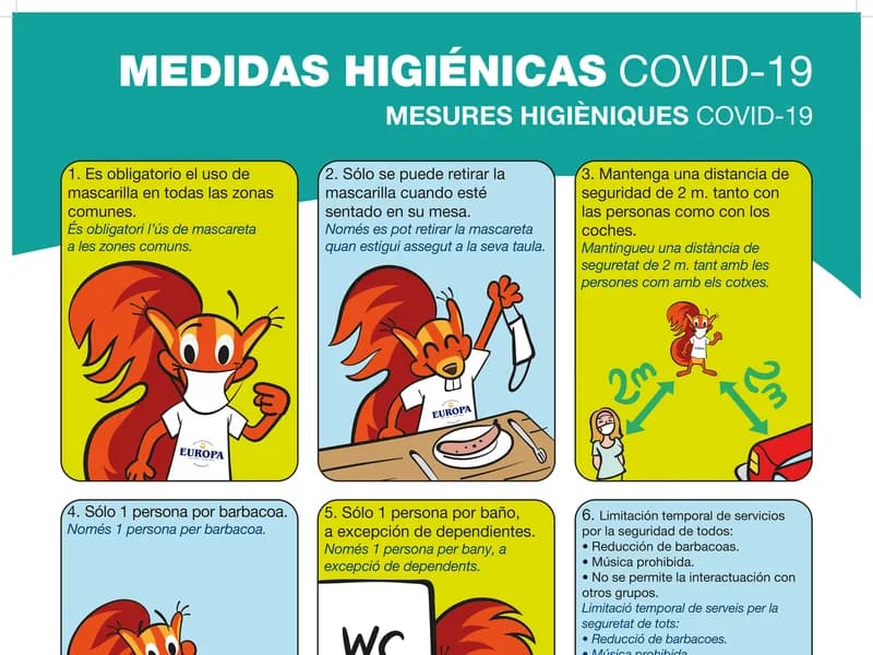 Cartell de mesures higièniques d’un restaurant explicat en vinyetes, amb l’esquirol de la marca